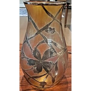 VTG‎ 6.5" Loetz Bohemian Iridescent Vase Sterling Silver Overlay Art Nouveau